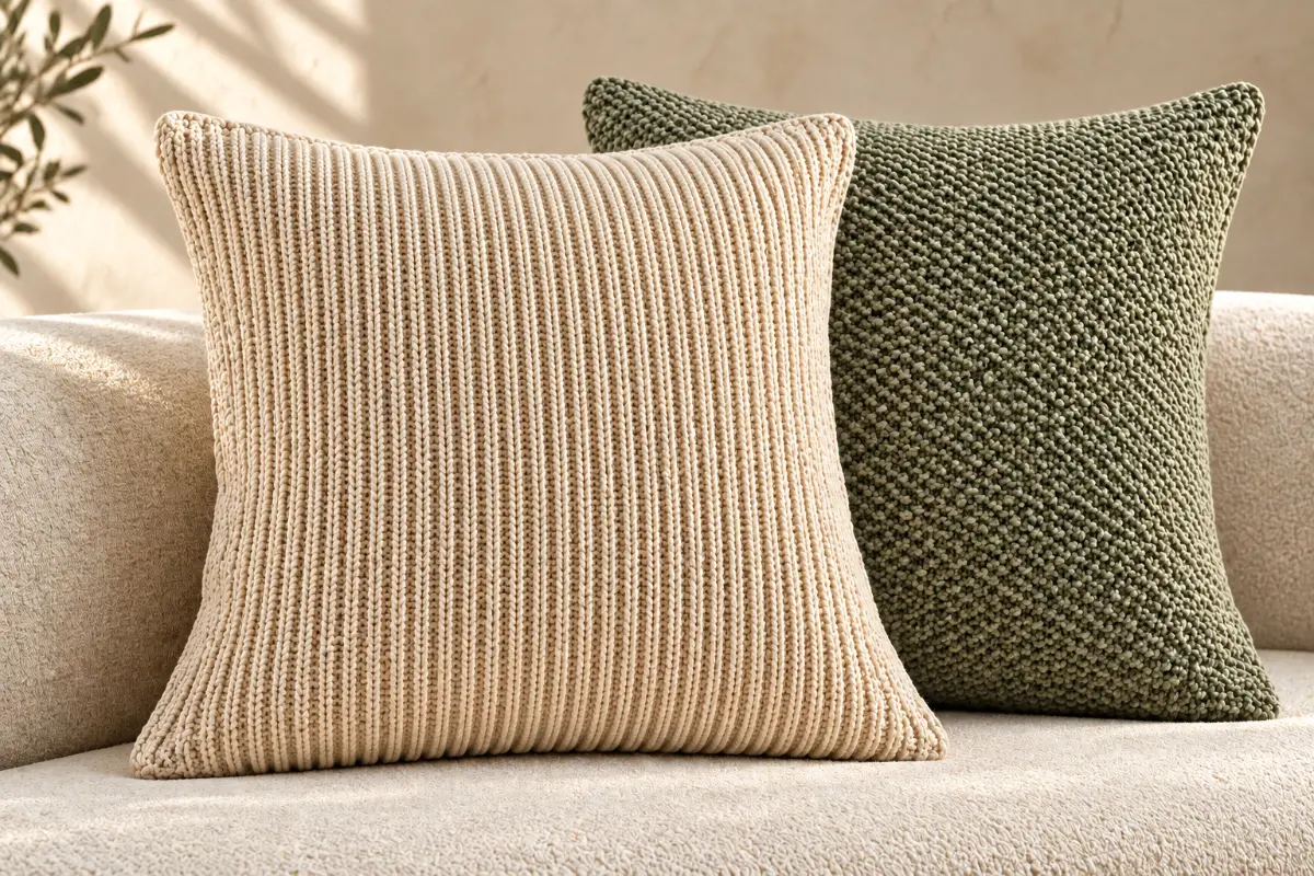 Ivory rib-knit and sage moss-stitch knitted cushions, knitted cushion supplier India
