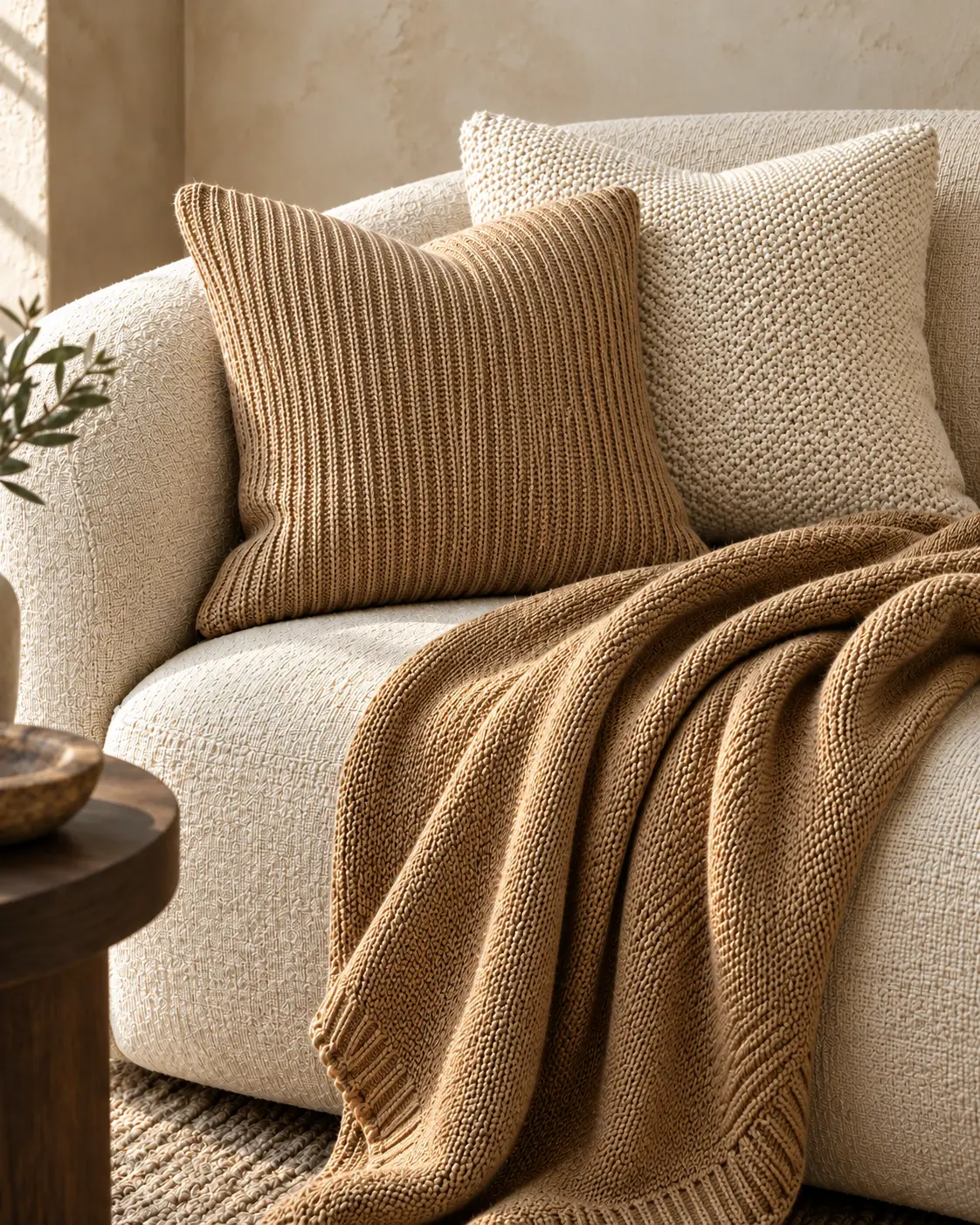 Rib-knit cushion and camel knitted throw on a textured sofa, by Pravi Living, knitted cushion and throw manufacturer in India