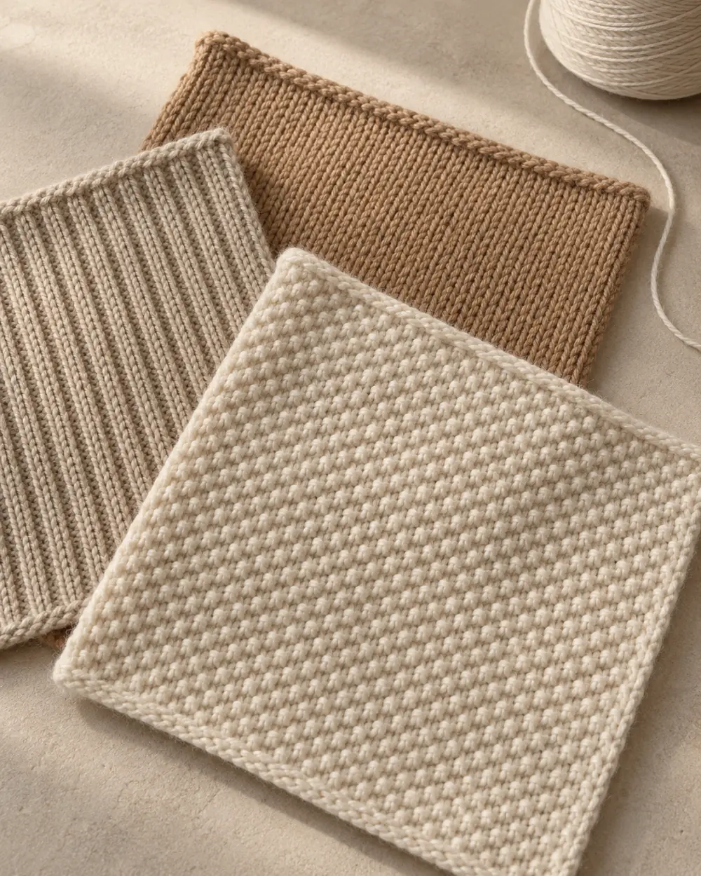 Knitted swatches in rib, stockinette and seed stitch in ivory, oat and camel cotton yarn, home textile manufacturer India