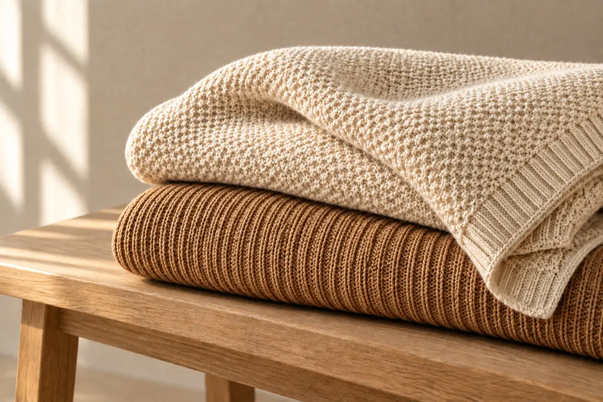 Folded ivory seed-stitch and camel rib knitted throws, throw blanket exporter India
